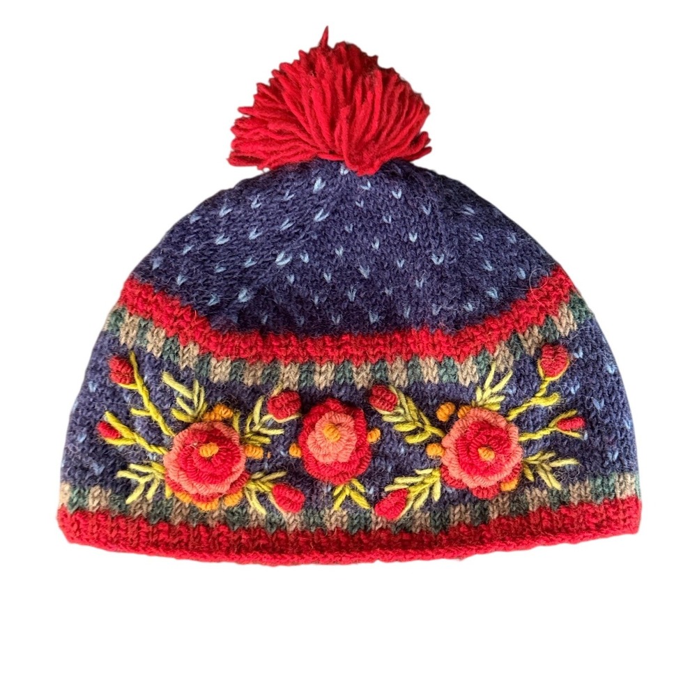 Lost Horizons Women Floral Embroidered Hand Knit Wool Beanie Size OS Cottagecore